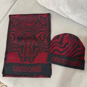 Roberto Cavalli Red & Black Zebra-Pattern Knit Scarf and Beanie Set